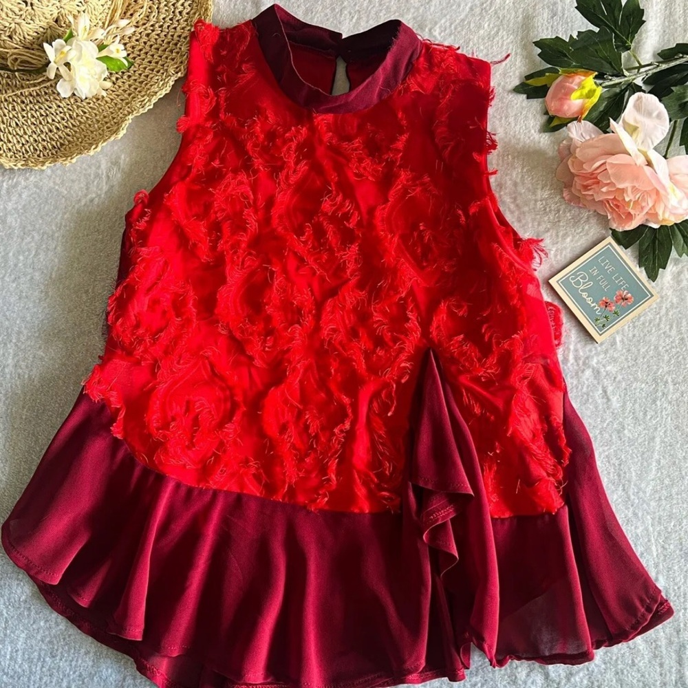 Women’s Sz Small Red Ruffle Hem Tank Top Mock Neck Sleeveless